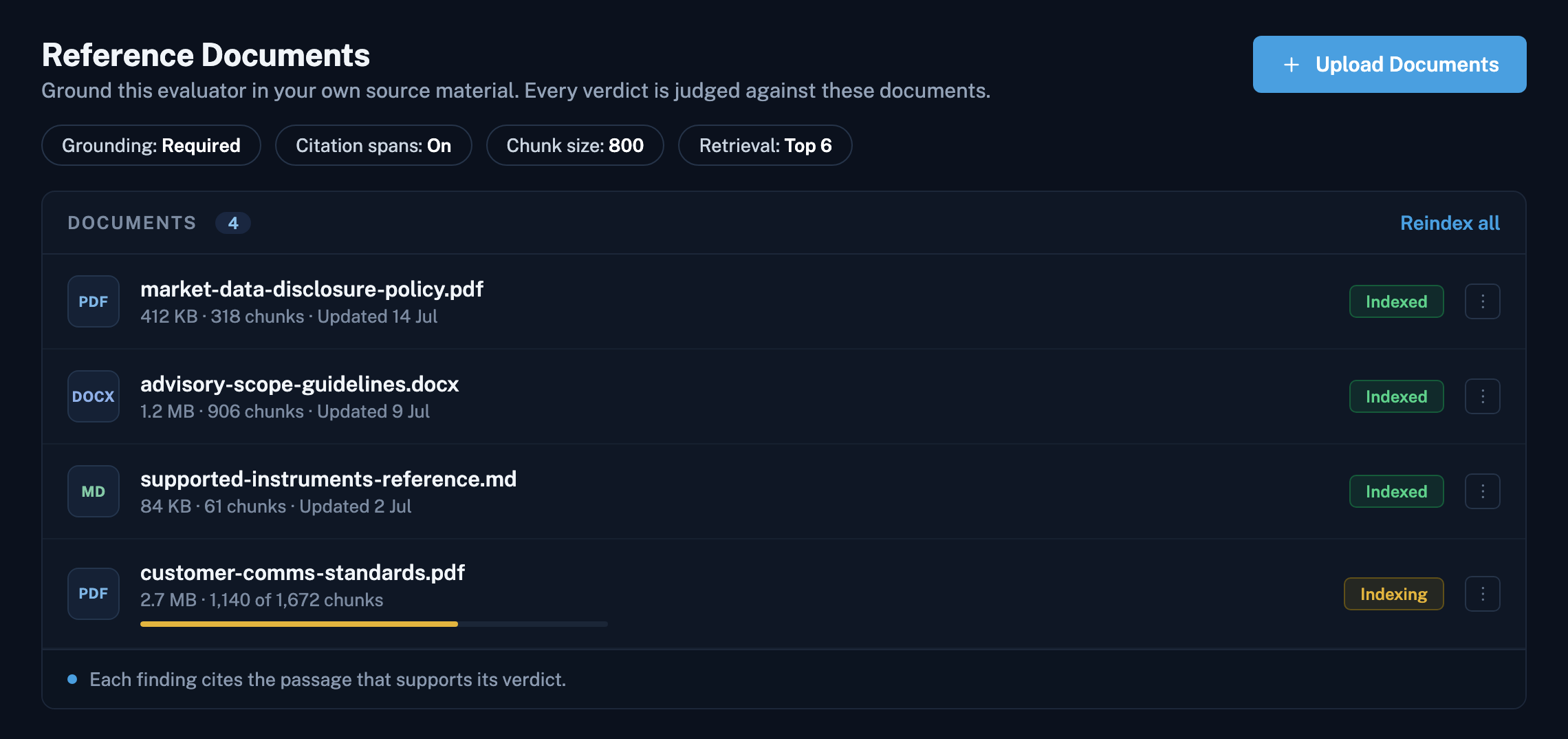 Reference documents uploaded to an evaluator, with indexing status on each file
