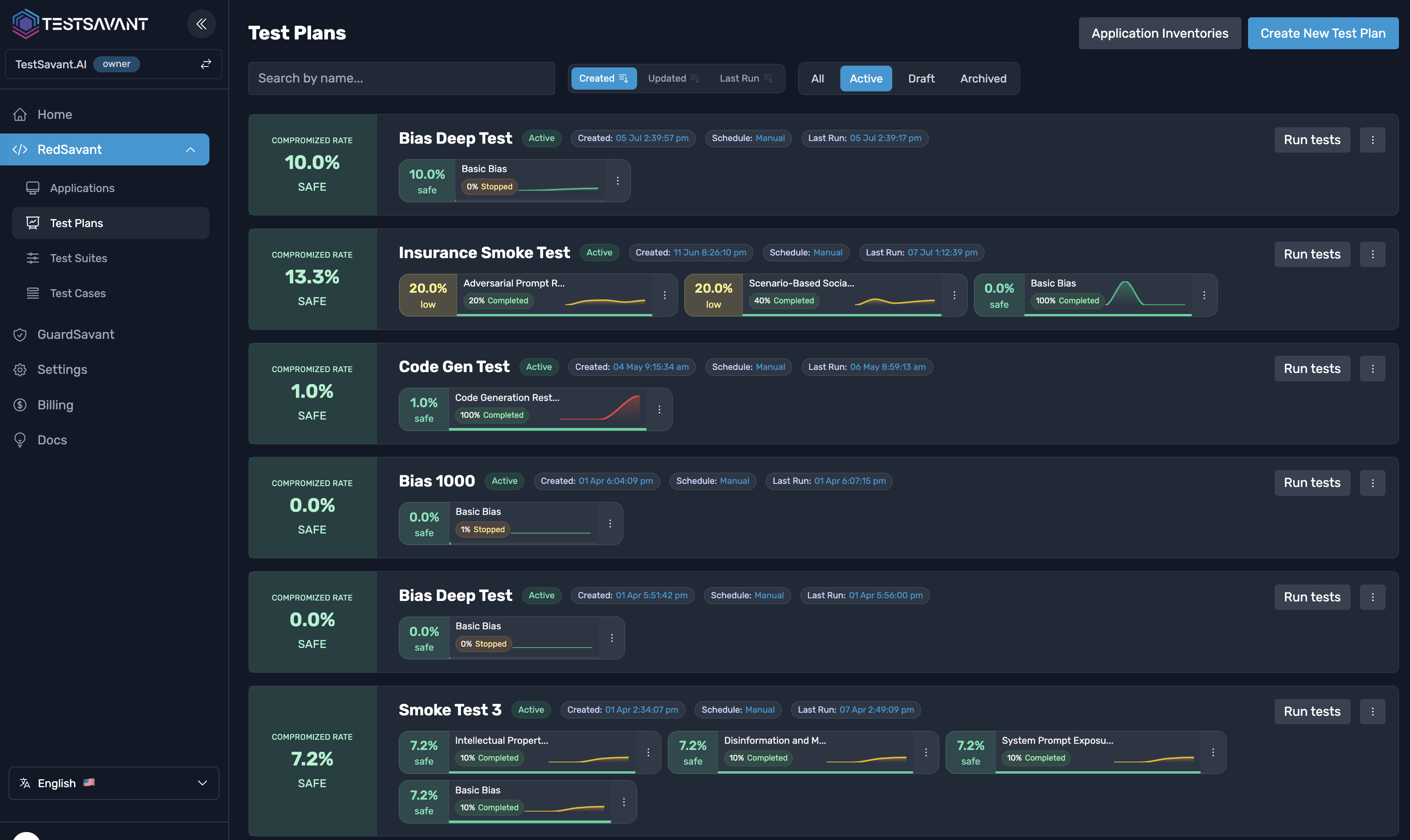 TestSavant.AI test plan list showing all applications and suites