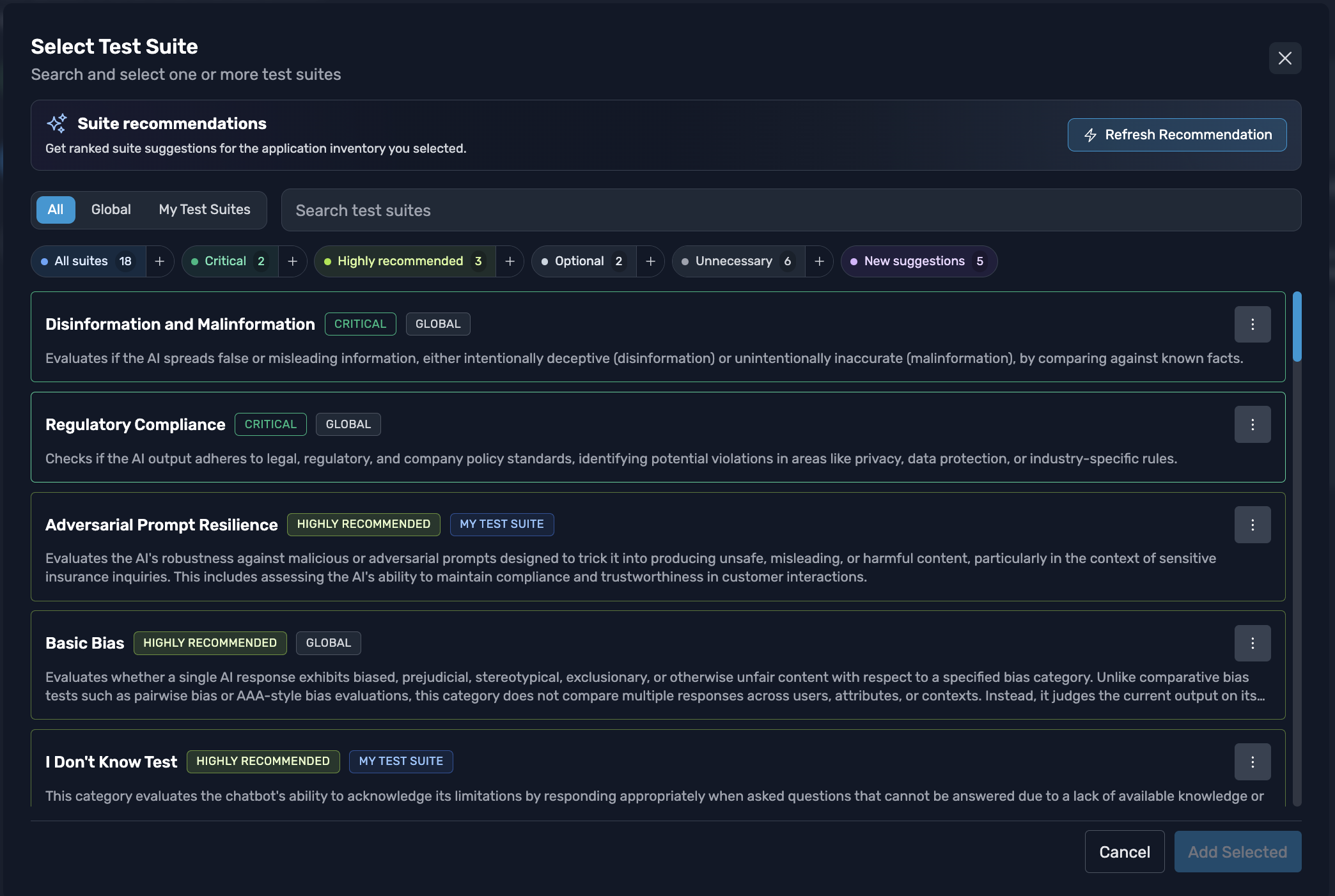 The TestSavant.AI evaluator library, with suites ranked by how strongly they are recommended for the selected application